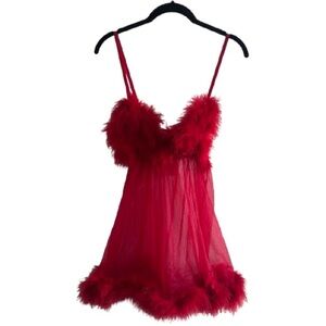 Frederick’s of Hollywood Red Marabou Babydoll Sheer Mini Dress Lingerie Nylon